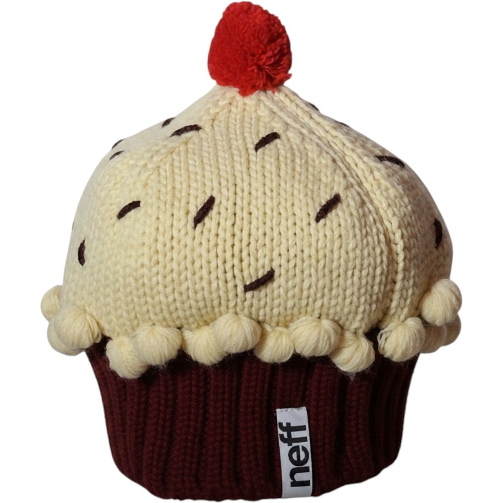 Neff Cupcake Beanie Kids Knit Winter Hat Brown Cream Red Cherry Pom Pom